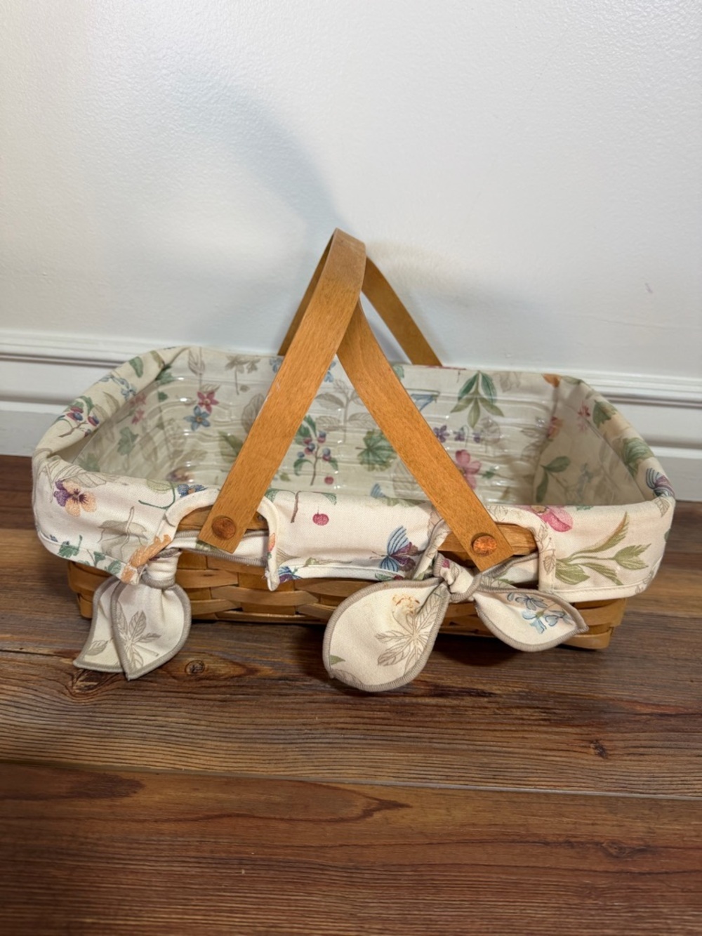 Longaberger Floral Lined Woven Basket with Wooden Handles and protector